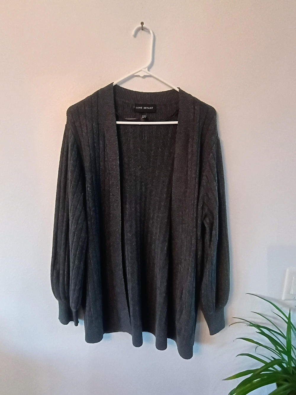 Lane Bryant 14/16 Charcoal Gray Ribbed Knit Open Front Cardigan Plus Size